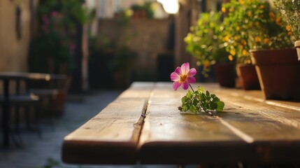 A single pink flower on a wooden table in an outdoor setting, basking in the sunlight.