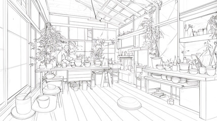 Fototapeta premium traditional Japanese pottery workshop featuring intricate line art, showcasing serene atmosphere with plants, pottery, and wooden furniture