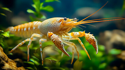 Vibrant Yellow Crayfish Crawls Among Aquatic Plants in a Detailed Underwater Image