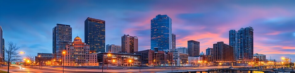 A vibrant cityscape of Illinois at dusk, showcasing the iconic landmark with high-rise buildings . The sky is painted with hues of blue and purple as the sun sets behind them, casting long shadows