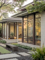 Obraz premium Modern Contemporary Home with Floor-to-Ceiling Windows and Beautiful Landscaping