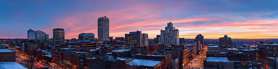 Fototapeta premium A vibrant cityscape of Massachusetts at dusk, showcasing the iconic landmark with high-rise buildings . The sky is painted with hues of blue and purple as the sun sets behind them