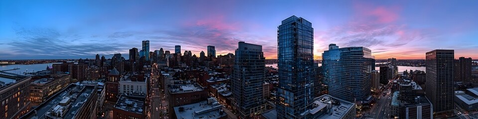 Obraz premium A vibrant cityscape of Massachusetts at dusk, showcasing the iconic landmark with high-rise buildings . The sky is painted with hues of blue and purple as the sun sets behind them
