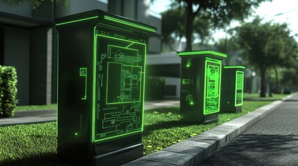 Futuristic digital displays on city street.