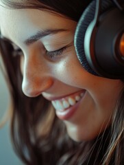 Happy Woman Enjoying Music on Headphones