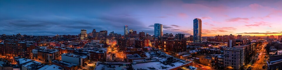 Fototapeta premium A vibrant cityscape of Massachusetts at dusk, showcasing the iconic landmark with high-rise buildings . The sky is painted with hues of blue and purple as the sun sets behind them