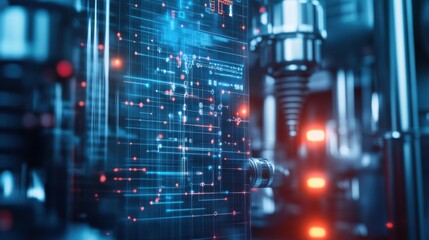 Futuristic digital interface overlaying industrial machinery.