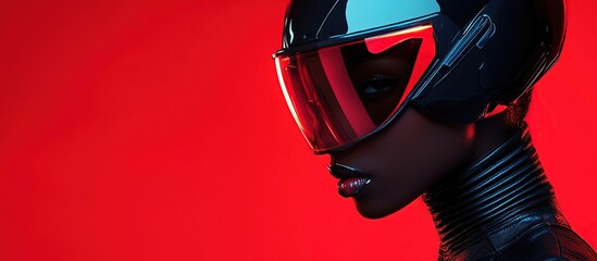 A futuristic figure in a sleek helmet and visor against a vibrant red background.