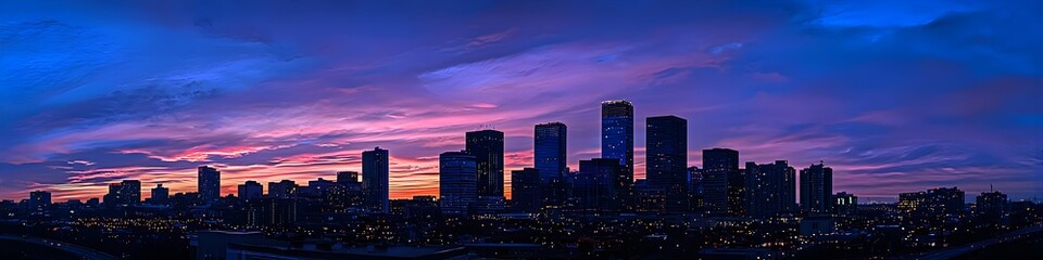 Obraz premium A vibrant cityscape of Massachusetts at dusk, showcasing the iconic landmark with high-rise buildings . The sky is painted with hues of blue and purple as the sun sets behind them