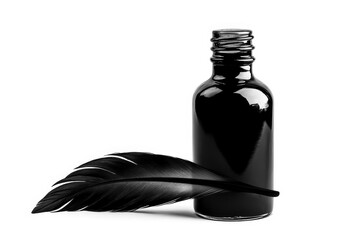 Black Silhouette of a quill pen in an ink bottle on a white background.
