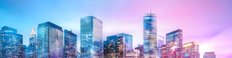 Naklejka premium A vibrant cityscape of Massachusetts at dusk, showcasing the iconic landmark with high-rise buildings . The sky is painted with hues of blue and purple as the sun sets behind them