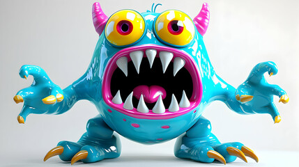 Fototapeta premium 3D Render of a Playful Cyan Monster with Sharp Claws and Wide Open Mouth, Showing Large Yellow Eyes and Pink Tongue, Against a White Background.