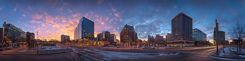 A vibrant cityscape of Massachusetts at dusk, showcasing the iconic landmark with high-rise buildings . The sky is painted with hues of blue and purple as the sun sets behind them