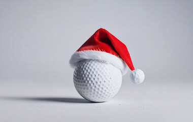 White golf ball wearing a santa hat for christmas holiday