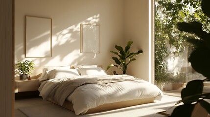 Beautiful Colored Mockup Bedroom Interior Blank Poster Decoration Art Background Image, generative AI