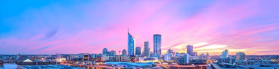 Fototapeta premium A vibrant cityscape of Massachusetts at dusk, showcasing the iconic landmark with high-rise buildings . The sky is painted with hues of blue and purple as the sun sets behind them