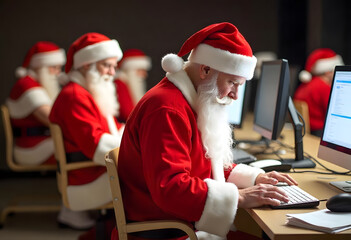 Group of cheerful Santa Claus sitting inside of a Santa's office during Christmas,  working on a computer 