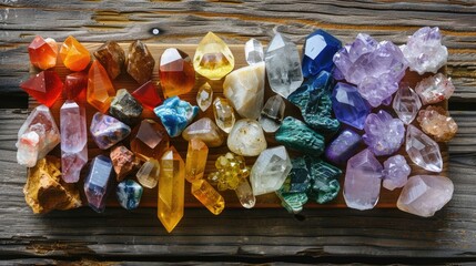 An assortment of colorful crystals for spiritual and energy healing practices.