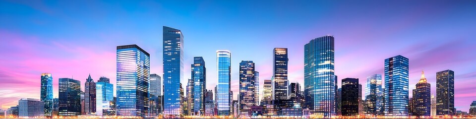 Obraz premium A vibrant cityscape of Massachusetts at dusk, showcasing the iconic landmark with high-rise buildings . The sky is painted with hues of blue and purple as the sun sets behind them