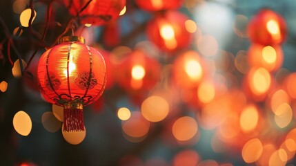Illuminated red lanterns with blurred bokeh effect, indicative of festive Chinese celebrations or the Lantern Festival.