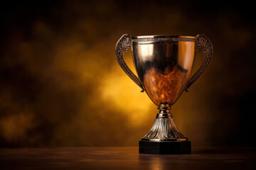 Golden trophy cup with ornate handles on a wooden surface, set against a warm, glowing background conveying achievement and success.