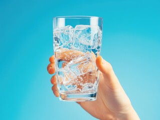 Hand holding a glass of ice water, symbolizing refreshment and hydration.