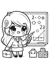 Coloring page teacher teaching on chalkboard