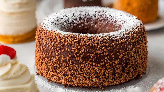 Chocolate bundt cake coated with chocolate sprinkles and dusted with powdered sugar, surrounded by assorted desserts.