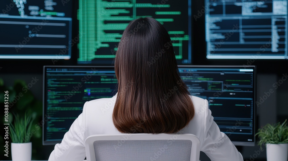Poster cyberbullying protection concept, woman working in cybersecurity office monitoring multiple screens 