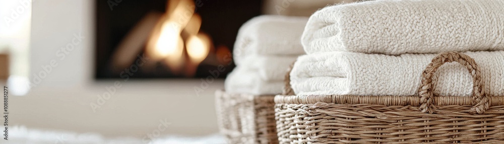 Poster cozy towels in woven baskets with a warm fireplace in the background, creating a relaxing and inviti