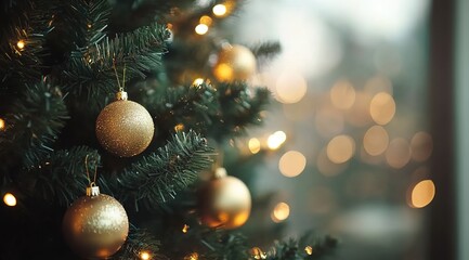 Close-up of a Christmas tree with golden ornaments, blurred background with bokeh lights