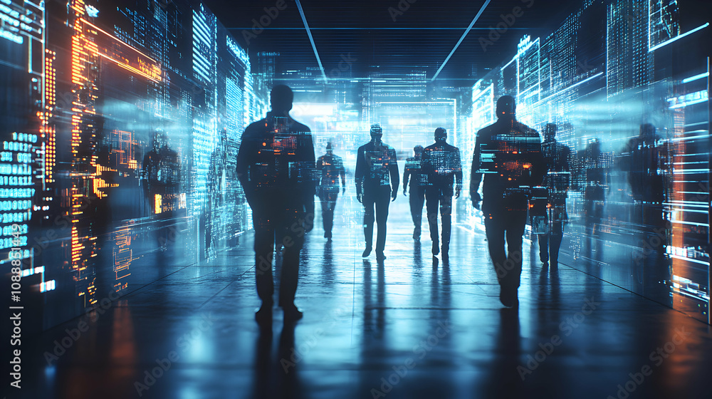 Poster abstract 3d digital corridor: figures walk through glowing data streams, futuristic cyberpunk backgr