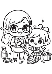 Girl and mom cleaning coloring page design 