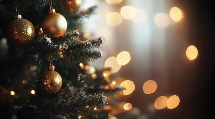 Close-up of a Christmas tree with golden ornaments, blurred background with bokeh lights