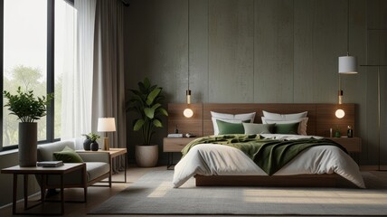 Here's a possible response.. Modern bedroom with green accents, large window, wooden bed, and plants.