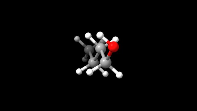 Structure of 1-butanol. Animated 3D ball-and-stick, surface, and space-filled models, black background.