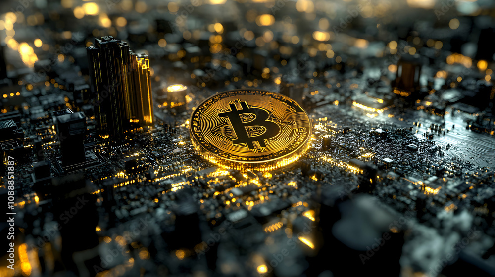 Poster 3d render of golden bitcoin on illuminated circuit board, abstract technological background
