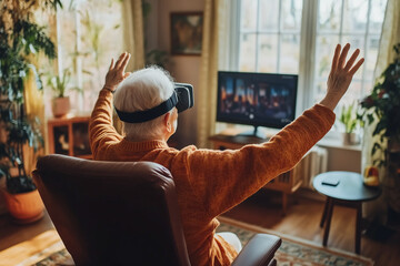 An elderly person actively participating in a virtual fitness class, engaging in exercises that promote health and well being