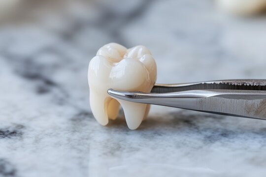 A human tooth held in dental forceps, symbolizing the tooth extraction process and the significance of dental care