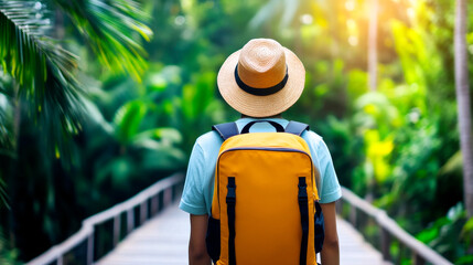 A traveler with a yellow backpack strolls along a wooden path surrounded by lush greenery, enjoying a peaceful moment in nature.