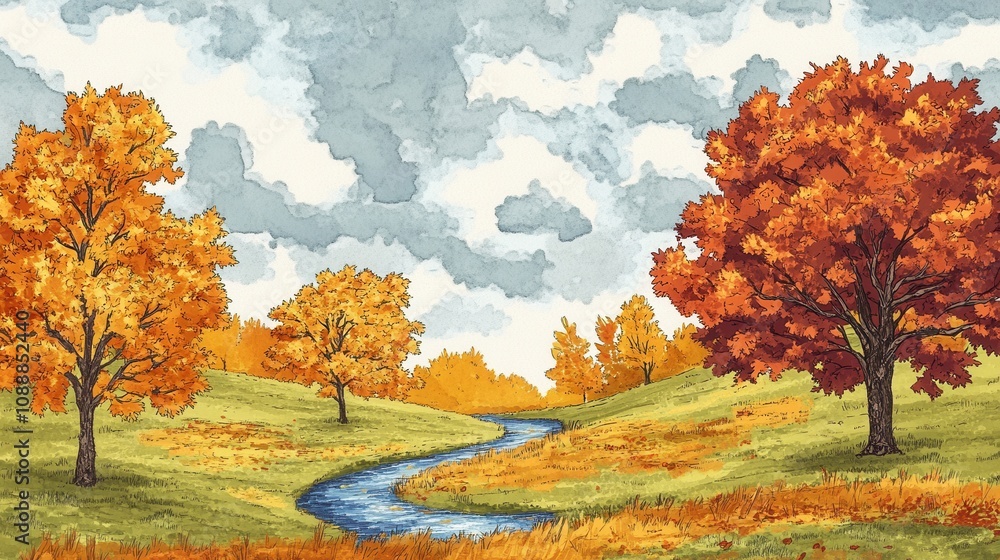 Poster a serene autumn landscape with colorful trees and a winding stream under a cloudy sky.
