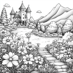 Black and white drawing of a castle with flowers and mountains in the background