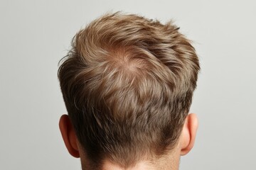 Close-up view of a person's thinning hair from the back, highlighting hair texture and scalp visibility in neutral lighting