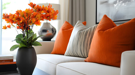 Elegant and inviting living room with a neutral-toned sofa, vibrant orange flowers, and a mix of modern and playful decor pieces.