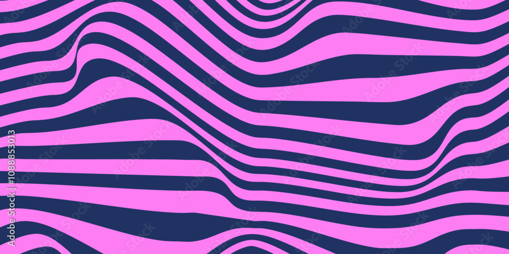 Poster Abstract horizontal background with dynamic waves. Trendy vector illustration in style retro 60s, 70s. Pink and dark blue colors	