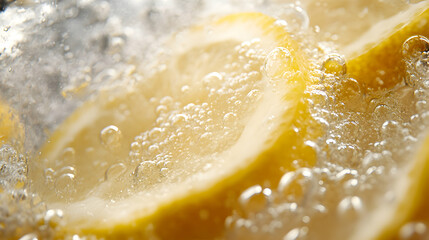 Close-up of Lemon Slices Submerged in Sparkling Water, Bubbles Adorning the Citric Fruit Slices, Refreshing Drink Image