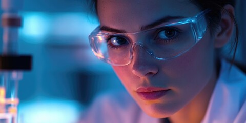 A focused scientist in a lab, wearing safety goggles and engaged in data analysis from an experiment.
