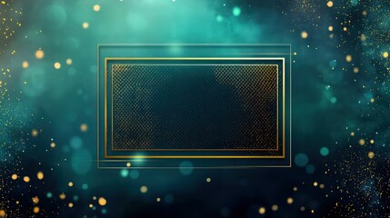Obraz premium Glowing turquoise and dark teal background featuring scattered golden bokeh particles surrounding a central rectangular frame for digital media announcements.