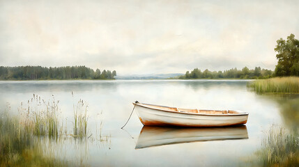 Fototapeta premium charming little boat on calm lake surrounded by lush greenery, reflecting tranquility and serenity in nature