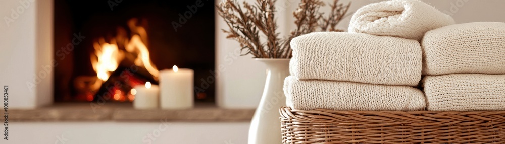 Poster a cozy living space featuring a stack of neatly arranged blankets beside a warm fireplace, creating 